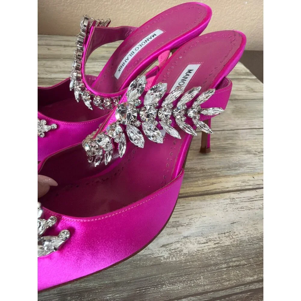 Manolo Blahnik Lurum Pink Satin Crystal 90mm Mule Heels EU 40 w/Box Dust Bag COA - Picture 4 of 16